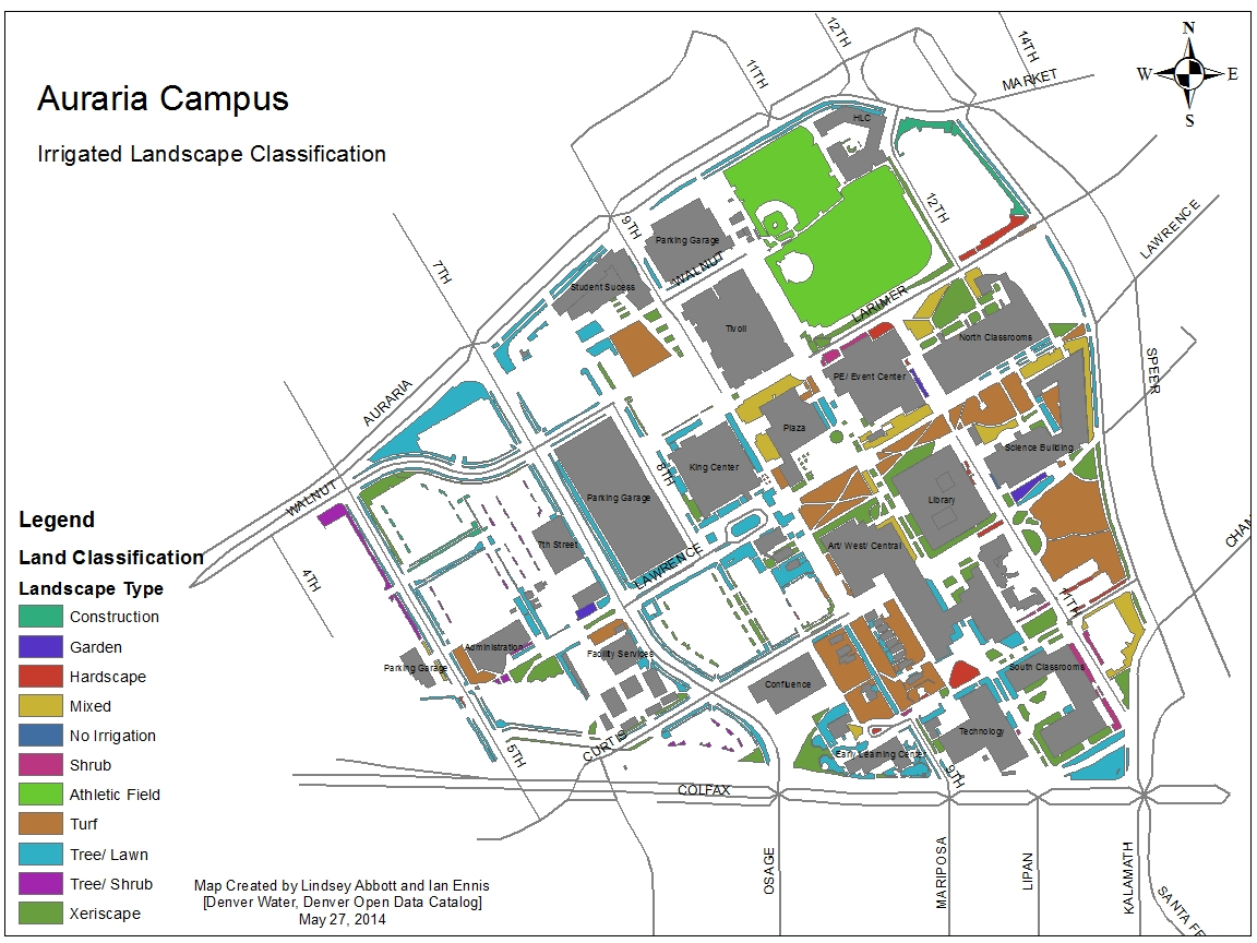 This map, created for the MSU Denver class' final report,.hows the landscape type of all irrigated land on Auraria Campus. 