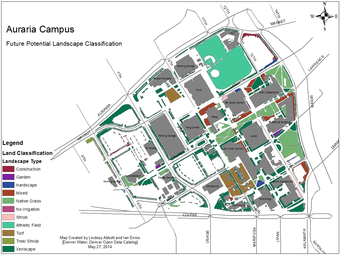This Future Potential Landscape Classification map was created to recommend areas where implementing a more sustainable landscape could benefit the Auraria Campus.