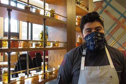 Erick Gamas, executive chef at the Urban Farmer, is training staff to wear masks, gloves and do temperature checks as they prepare to reopen. June 1, 2020. Credit: Jerd Smith
